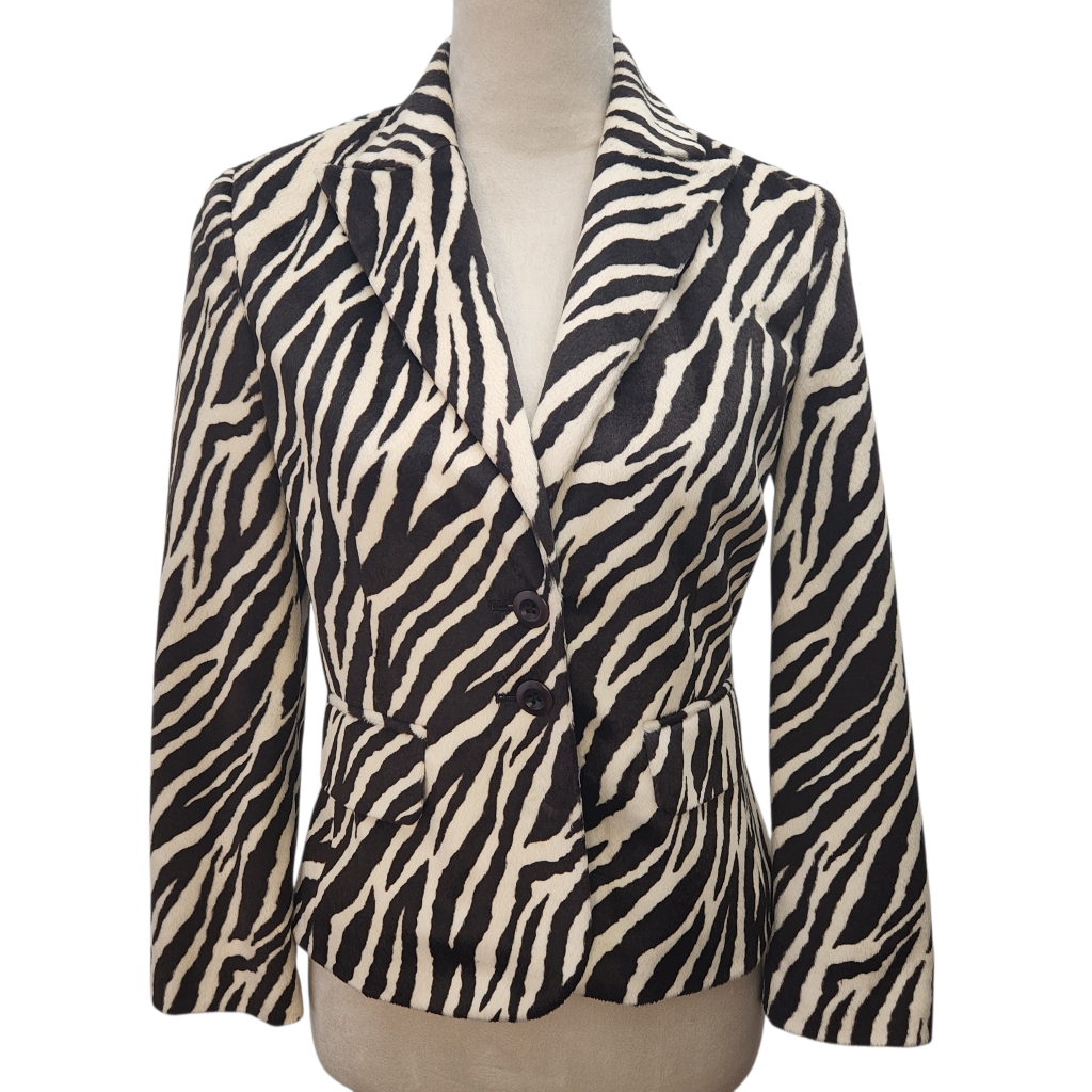 A.B.S Allen Schwartz Zebra Print Blazer Brown Cream Animal Print Womens Size 4